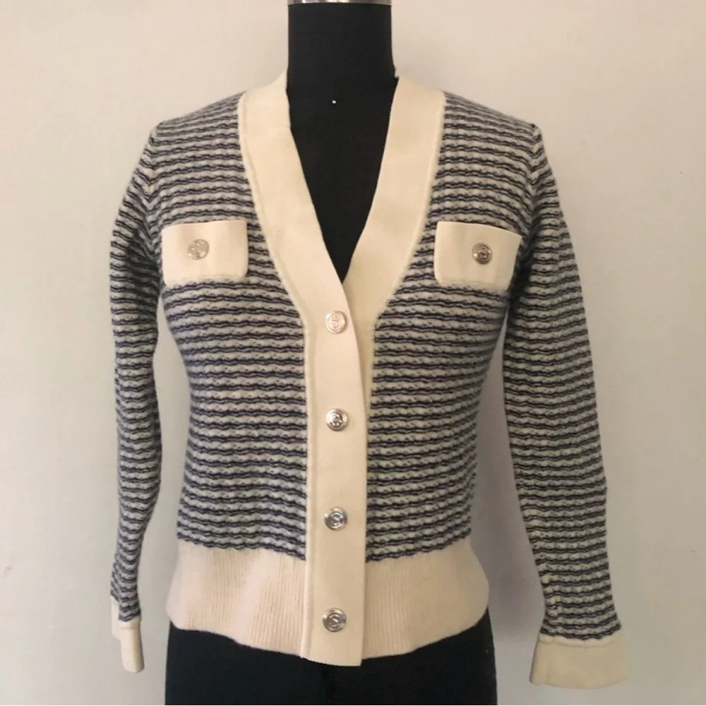 Sandro October Cream and Black Striped Cardigan - Picture 2 of 5